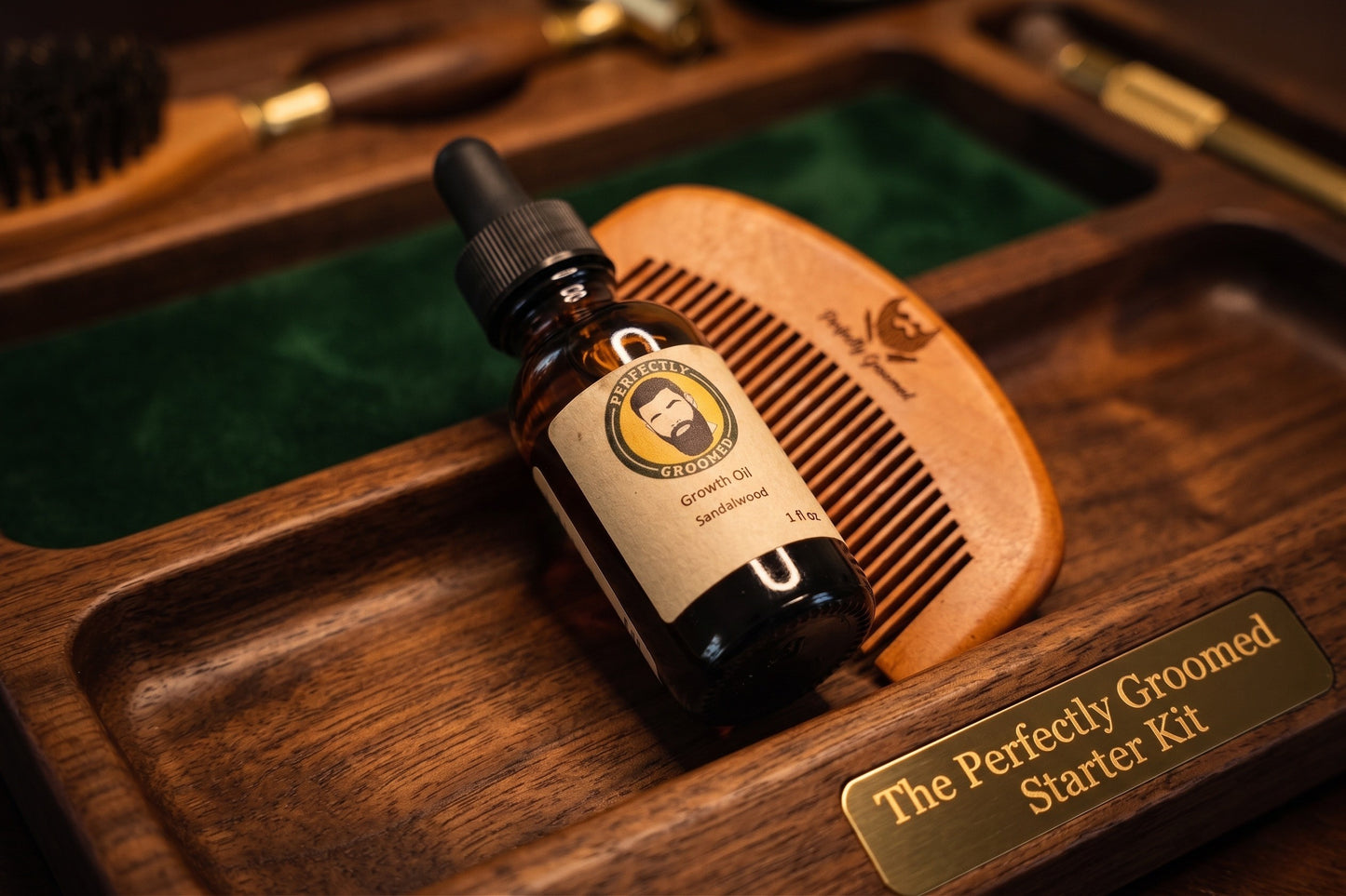 Perfectly Groomed Starter Kit sandalwood beard oil and handcrafted wooden comb on dark walnut tray