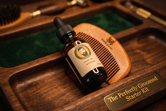 Perfectly Groomed Starter Kit sandalwood beard oil and handcrafted wooden comb on dark walnut tray