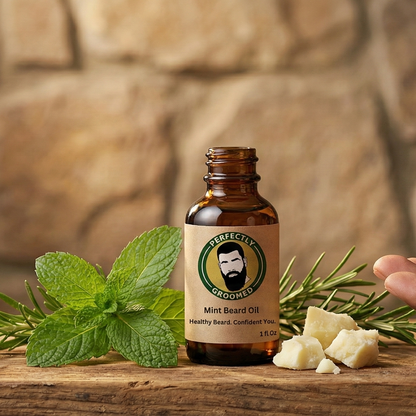 Bottle of herbal extract with dropper and herbs on a wooden surface against a stone wall background
